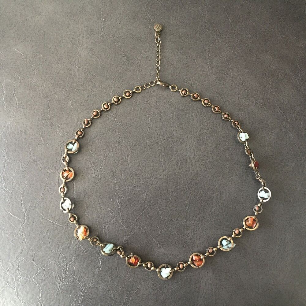 Vintage Handmade Jade & Amber Beads Chips Bronze Brass Chain Necklace Antique